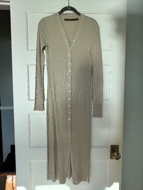 Enza Costa Beige Ribbed Silk Blend Long Sleeve Button Front Maxi Dress S